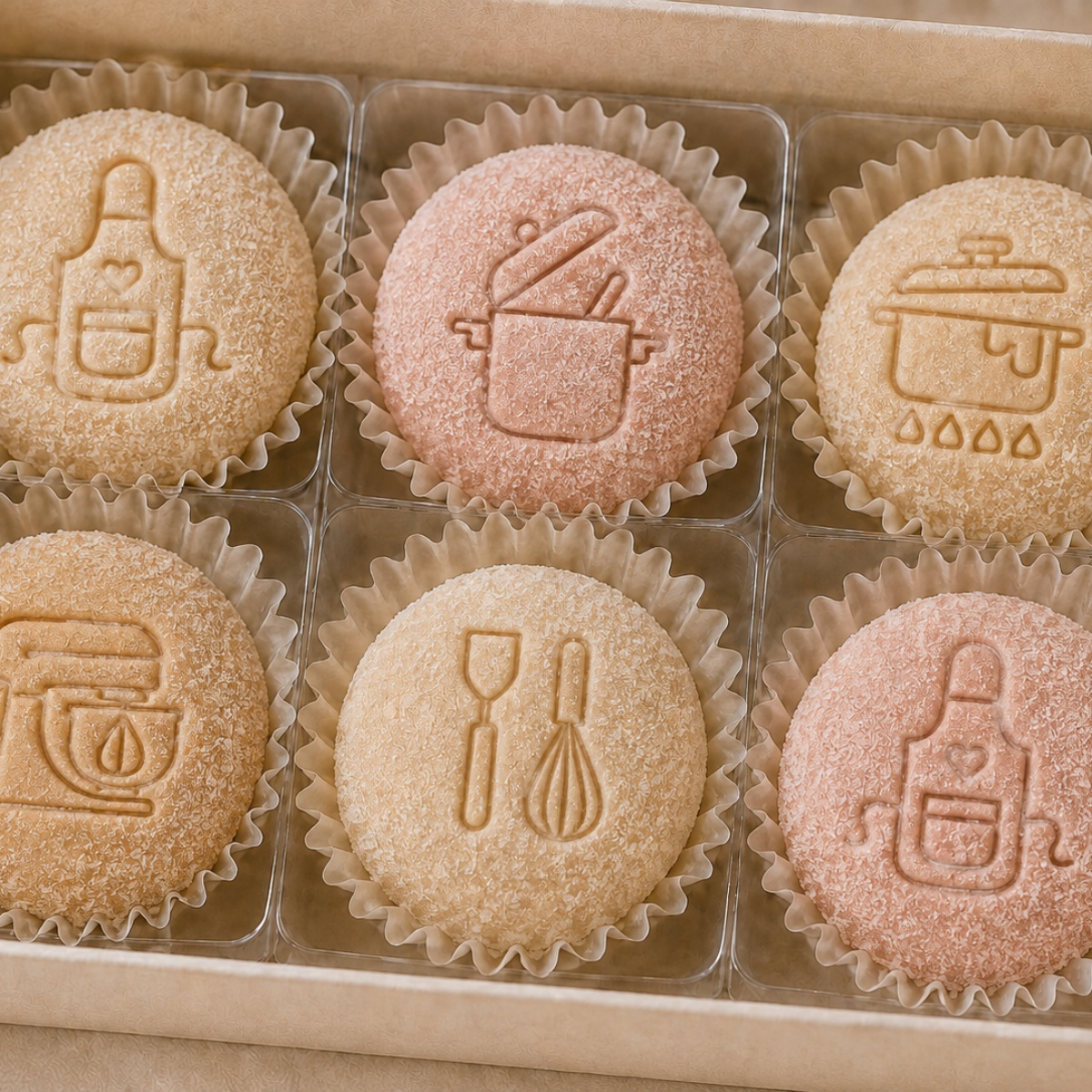Caixa com seis brigadeiros gourmet carimbados com os desenhos do kit