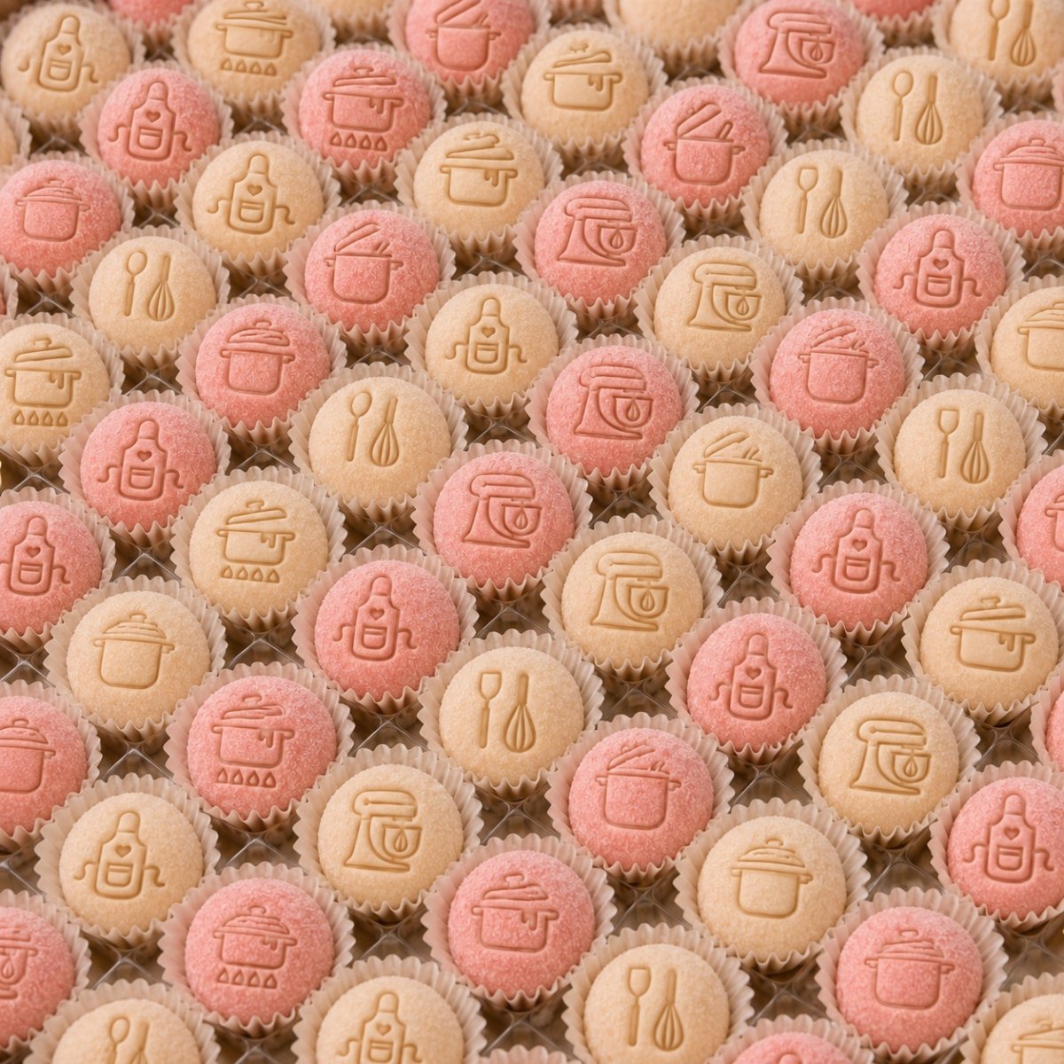 Dezenas de brigadeiros gourmet rosa e bege carimbados com os desenhos do kit SweetBox